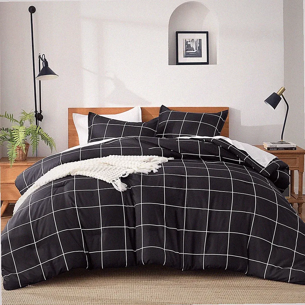 BLACK FULL SIZE COMFORTER SET 3 PIECES PLAID GRID BEDDING COMFORTER SET FOR BOYS
