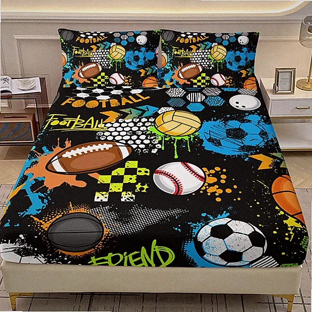 Fitted Set,3 Pieces Sports Theme Bedding Set for Boys Girls,Basketball Footba...