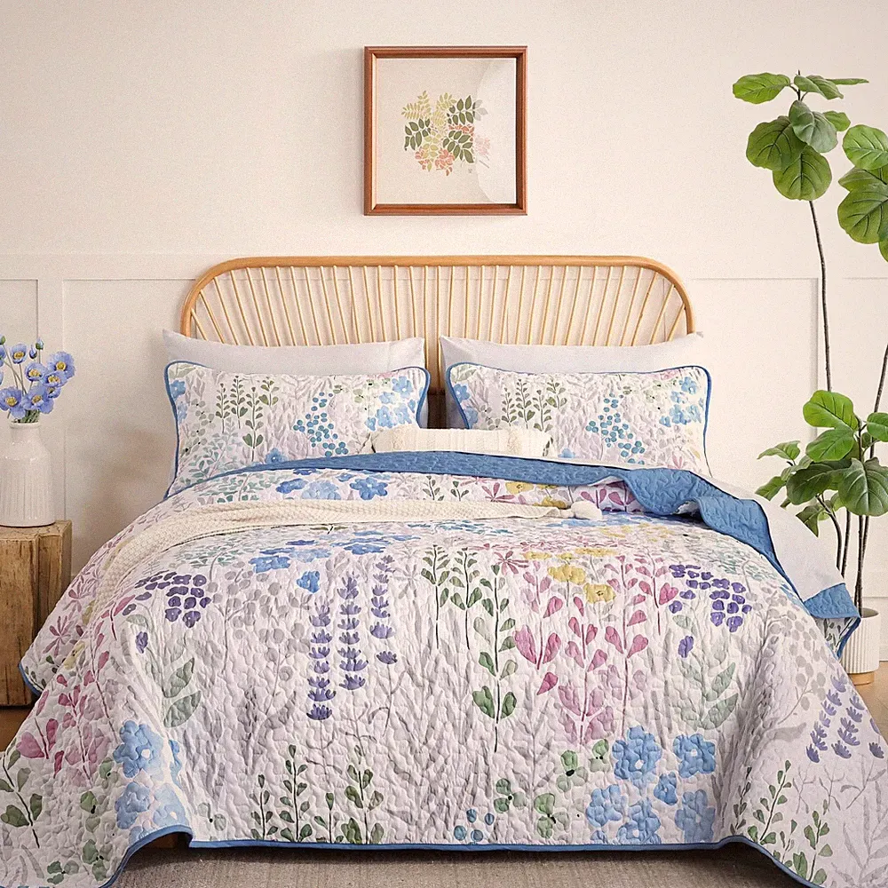 Floral Quilt Sets Queen Size Blue Quilt Set 3 Pieces Bedspreads Bedding Set S...