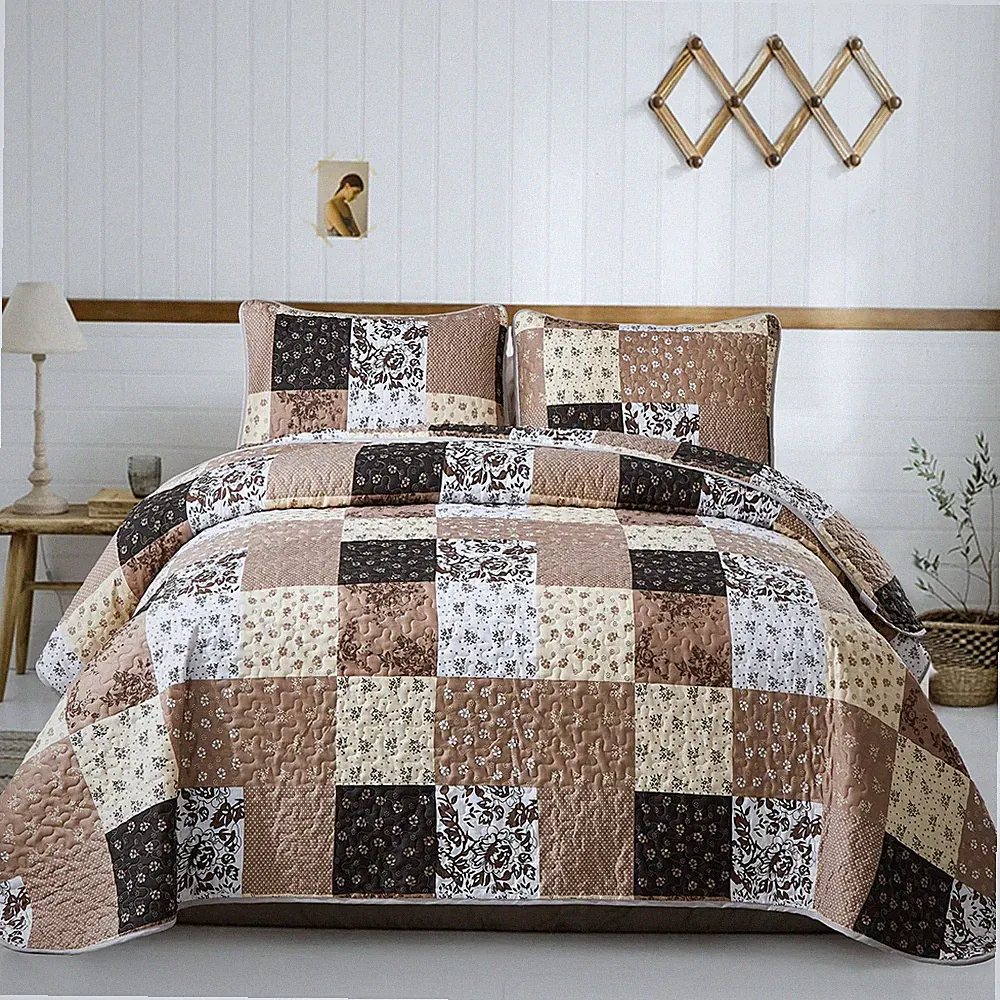 Khaki Quilt Set King Size Quilt Bedding Set Brown Plaid,3 Pieces Patchwork Flora