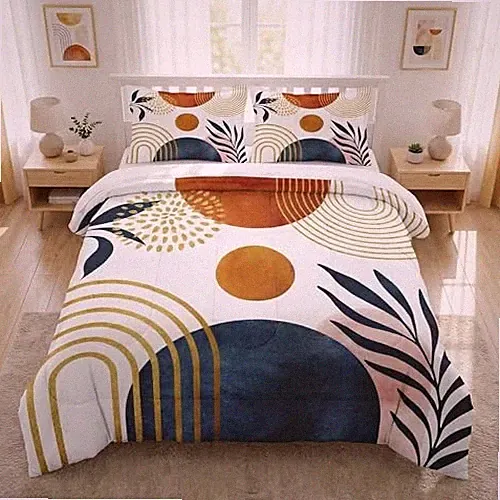 King Size Comforter Set with 2 Pillowcases, Retro Sun Boho Geometric Leaf 3 Pcs